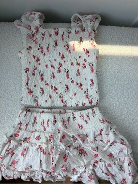 FBZ White Floral Smocked Two-Piece Crop Top + Skirt Set